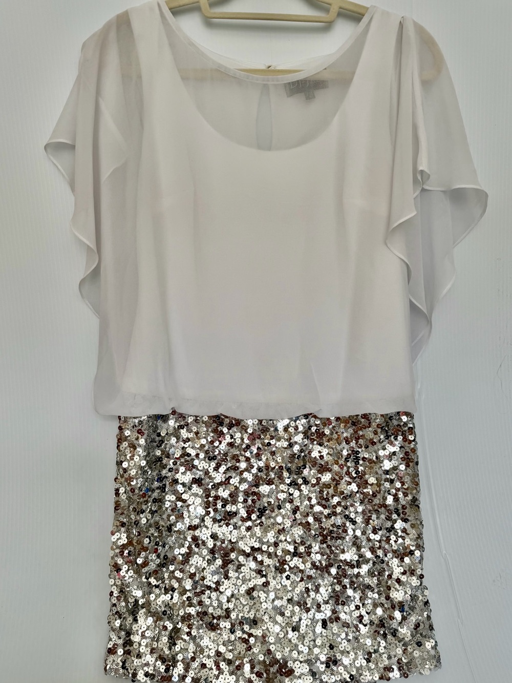 White Chiffon Overlay Sequin Hem Top